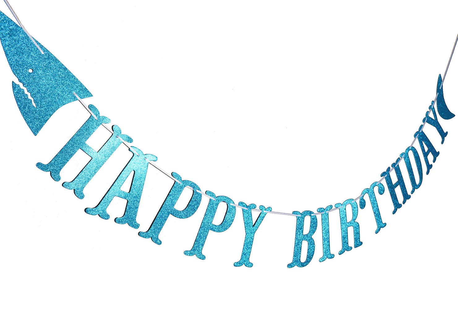 Firefairy Shark Happy Birthday Banner with Matching Garlands - Blue Glitter Cardstock, Pre-Strung 64.8 Inch