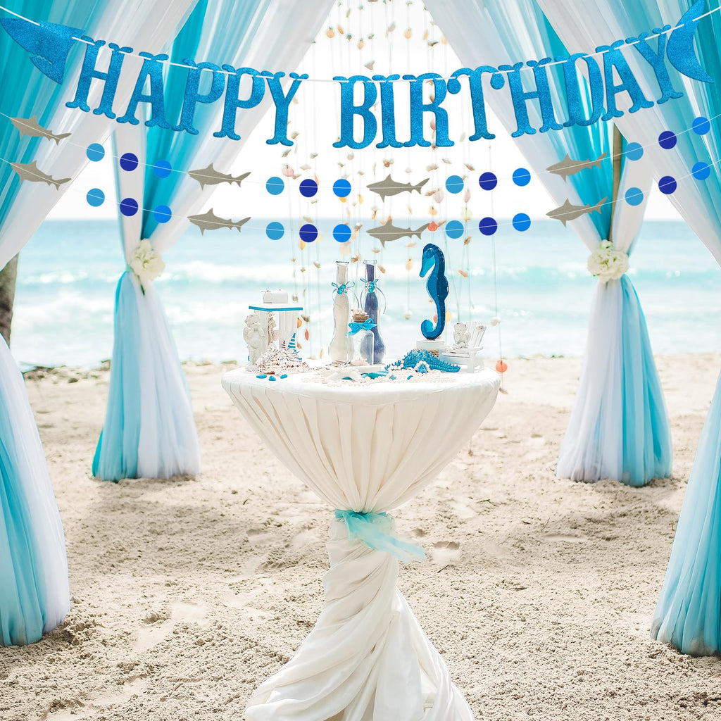 Firefairy Shark Happy Birthday Banner with Matching Garlands - Blue Glitter Cardstock, Pre-Strung 64.8 Inch