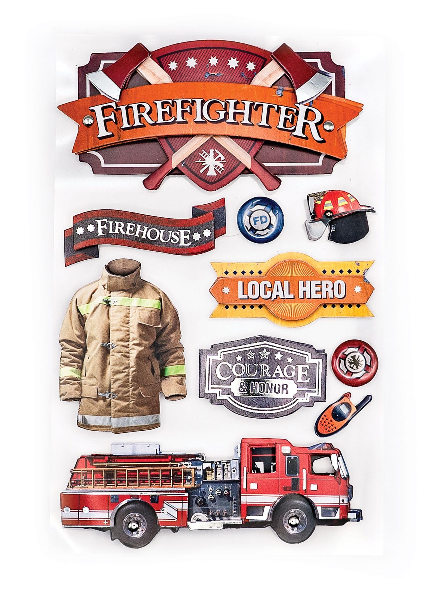 Firefighter Themed Die-Cut Sticker Sheet with Foil Accents and Foam Dimension – Paper House Productions