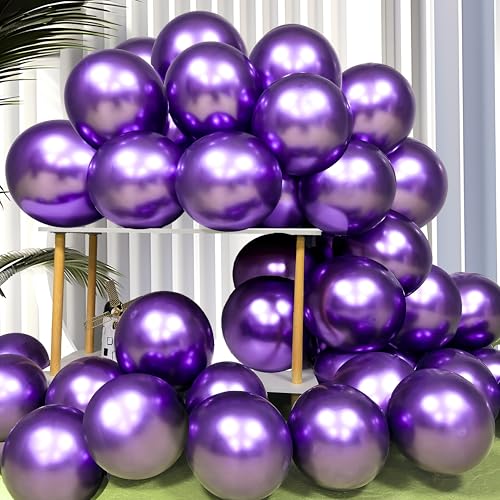 Firomi 12-Inch Metallic Purple Balloons, 100 Pack with Ribbons for Party Decor