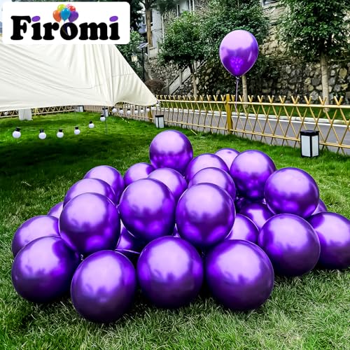 Firomi 12-Inch Metallic Purple Balloons, 100 Pack with Ribbons for Party Decor