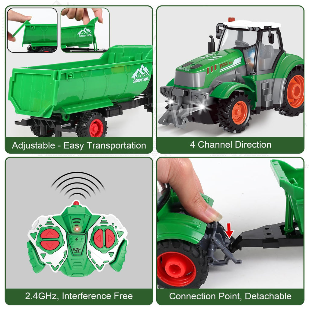 fisca 1/24 Scale RC Tractor Toy Set with 33-Piece Farm Playset - 2.4GHz Remote Control with Lights for Kids Ages 4-7