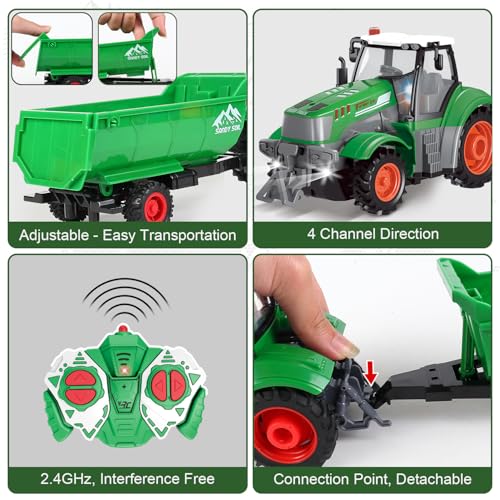 fisca 1/24 Scale RC Tractor Toy Set with 33-Piece Farm Playset - 2.4GHz Remote Control with Lights for Kids Ages 4-7
