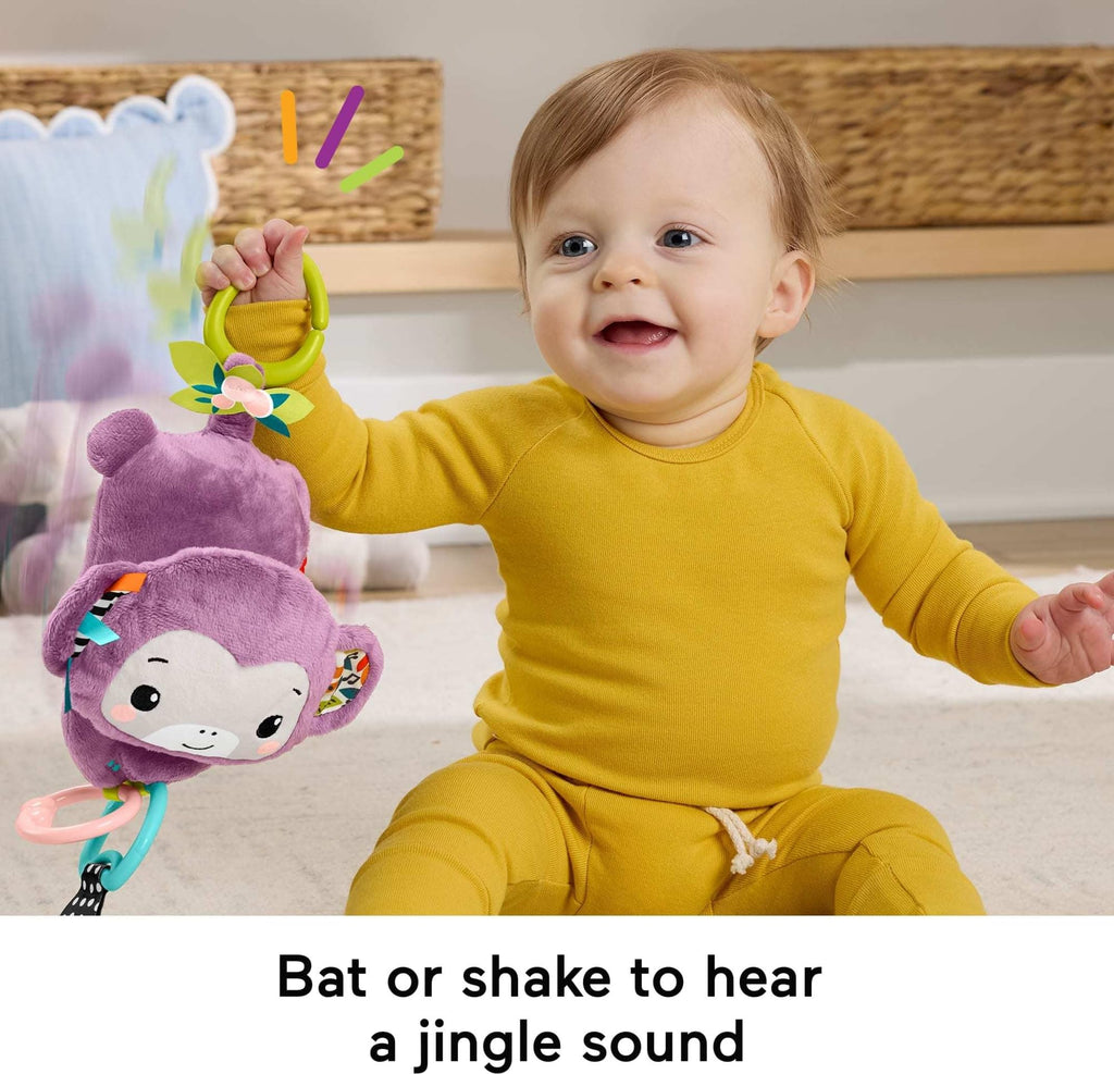 Fisher-Price Sing & Go Purple Monkey Stroller Toy with Crinkle & Clackers for Newborns