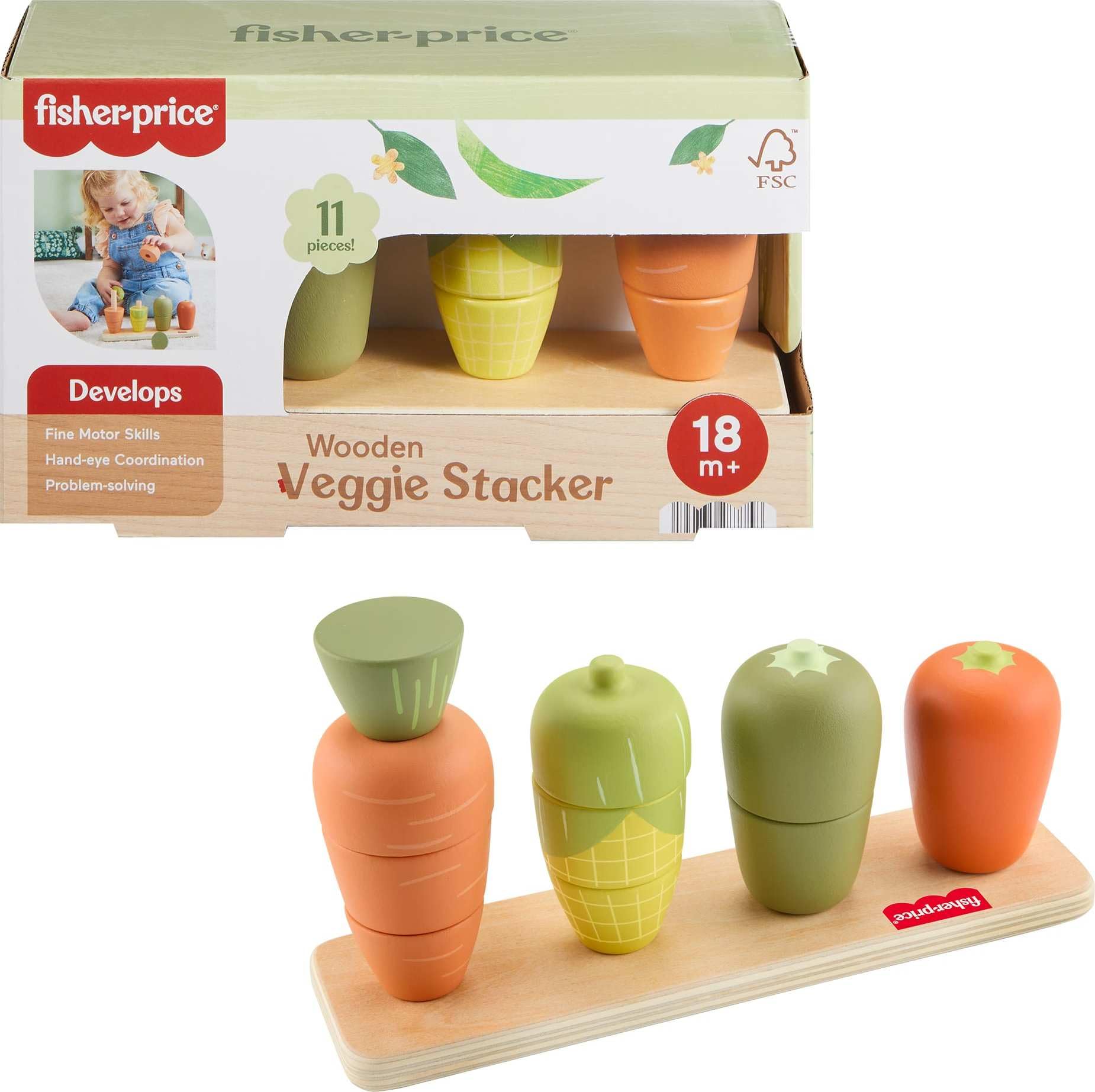 Fisher-Price Wood Toddler Veggie Stacker – Tiny Garden Sorting Toy for Ages 18+ Months (Amazon Exclusive)