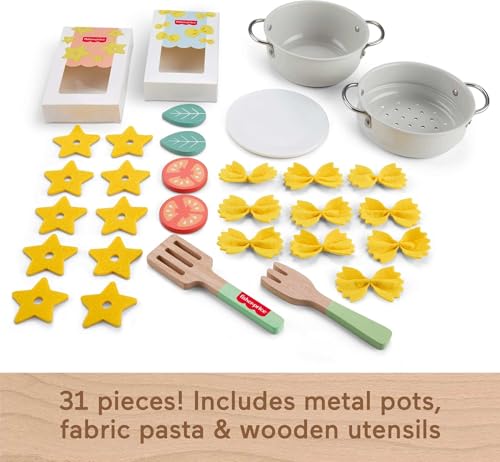 Fisher-Price Wooden Pots & Pasta Chef Set - 31 Pieces of Pretend Play Food & Kitchen Toys for Kids 3+