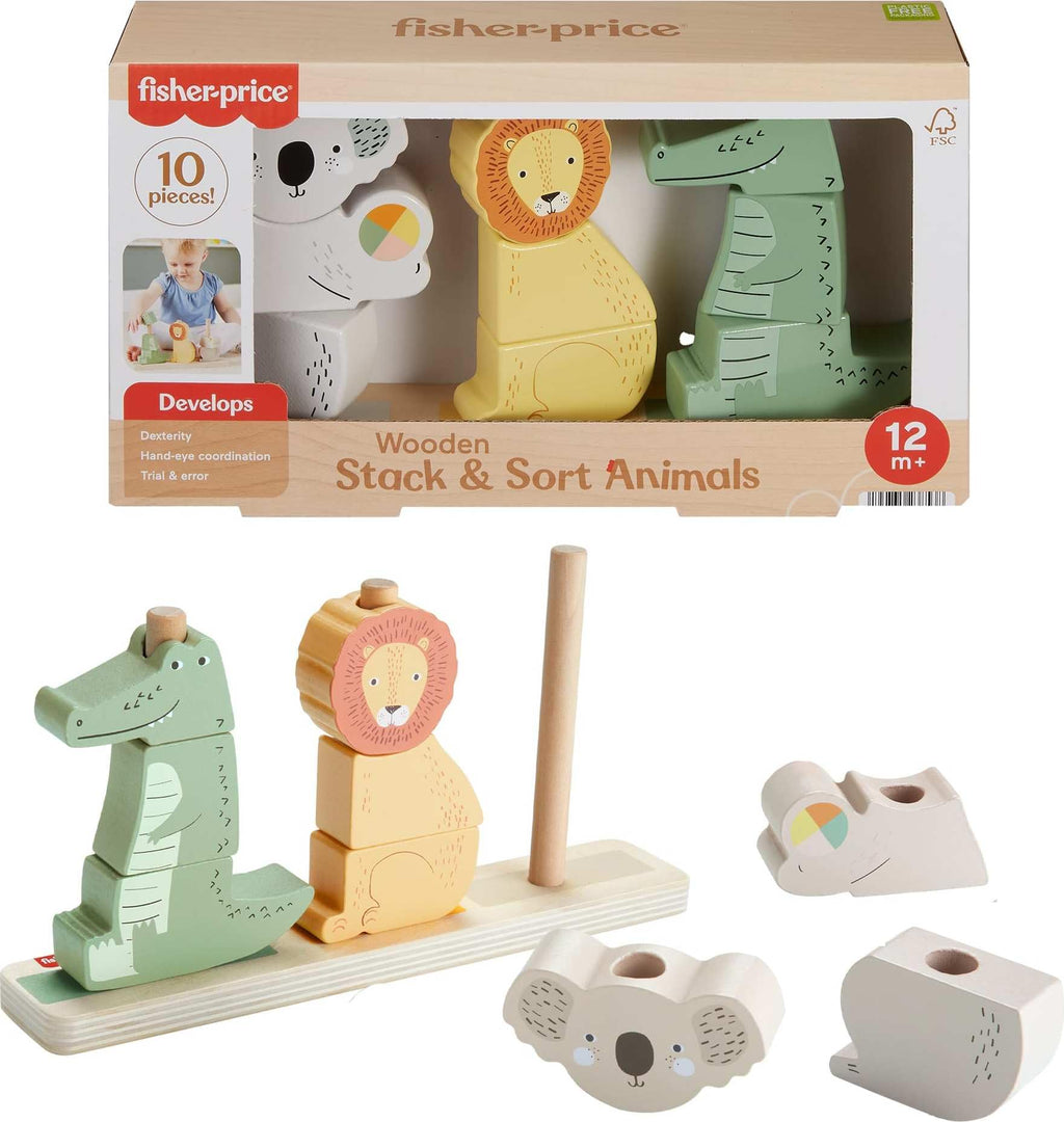 Fisher-Price Wooden Stack & Sort Animals - 10-Piece Toddler Toy, FSC-Certified, Ages 1+