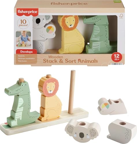 Fisher-Price Wooden Stack & Sort Animals - 10-Piece Toddler Toy, FSC-Certified, Ages 1+