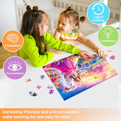 Fishwisdom 100-Piece Princess & Unicorn Jigsaw Puzzle for Kids Ages 4-8 – Eco-Friendly, 15.7x11.8 Inch