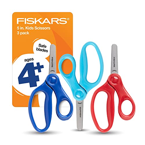 Fiskars 5" Blunt-Tip Scissors for Kids (3-Pack) – Safe, Comfortable Scissors for Ages 4-7, Red/Blue/Turquoise