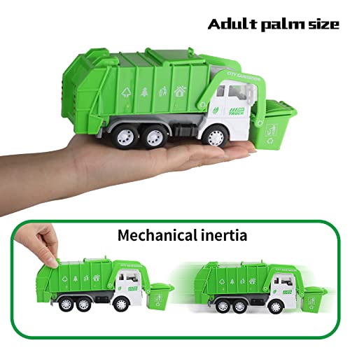FIVEDAOGANG Small Friction Powered Garbage Truck Toy Set with Front Load Dumpster, 4 Trash Bins, and Learning Cards for Kids