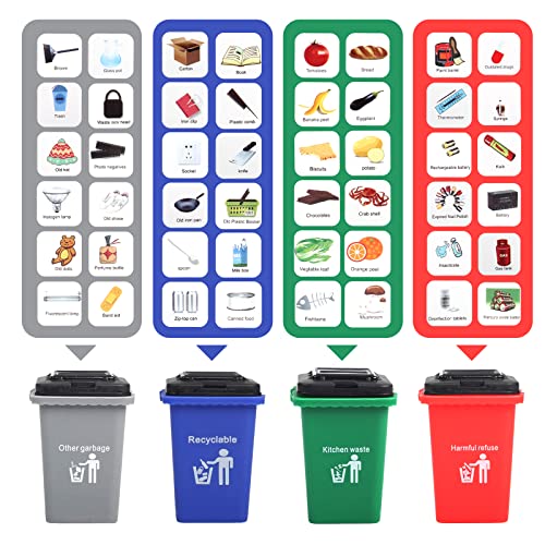 FIVEDAOGANG Small Friction Powered Garbage Truck Toy Set with Front Load Dumpster, 4 Trash Bins, and Learning Cards for Kids