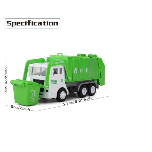 FIVEDAOGANG Small Friction Powered Garbage Truck Toy Set with Front Load Dumpster, 4 Trash Bins, and Learning Cards for Kids