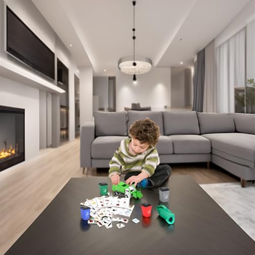 FIVEDAOGANG Small Friction Powered Garbage Truck Toy Set with Front Load Dumpster, 4 Trash Bins, and Learning Cards for Kids