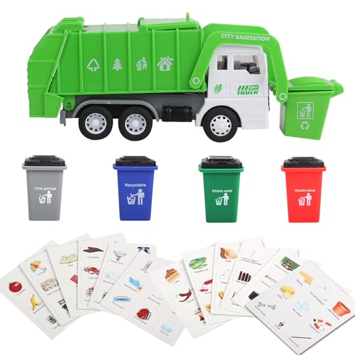 FIVEDAOGANG Small Friction Powered Garbage Truck Toy Set with Front Load Dumpster, 4 Trash Bins, and Learning Cards for Kids