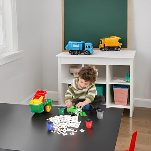 FIVEDAOGANG Small Friction Powered Garbage Truck Toy Set with Front Load Dumpster, 4 Trash Bins, and Learning Cards for Kids
