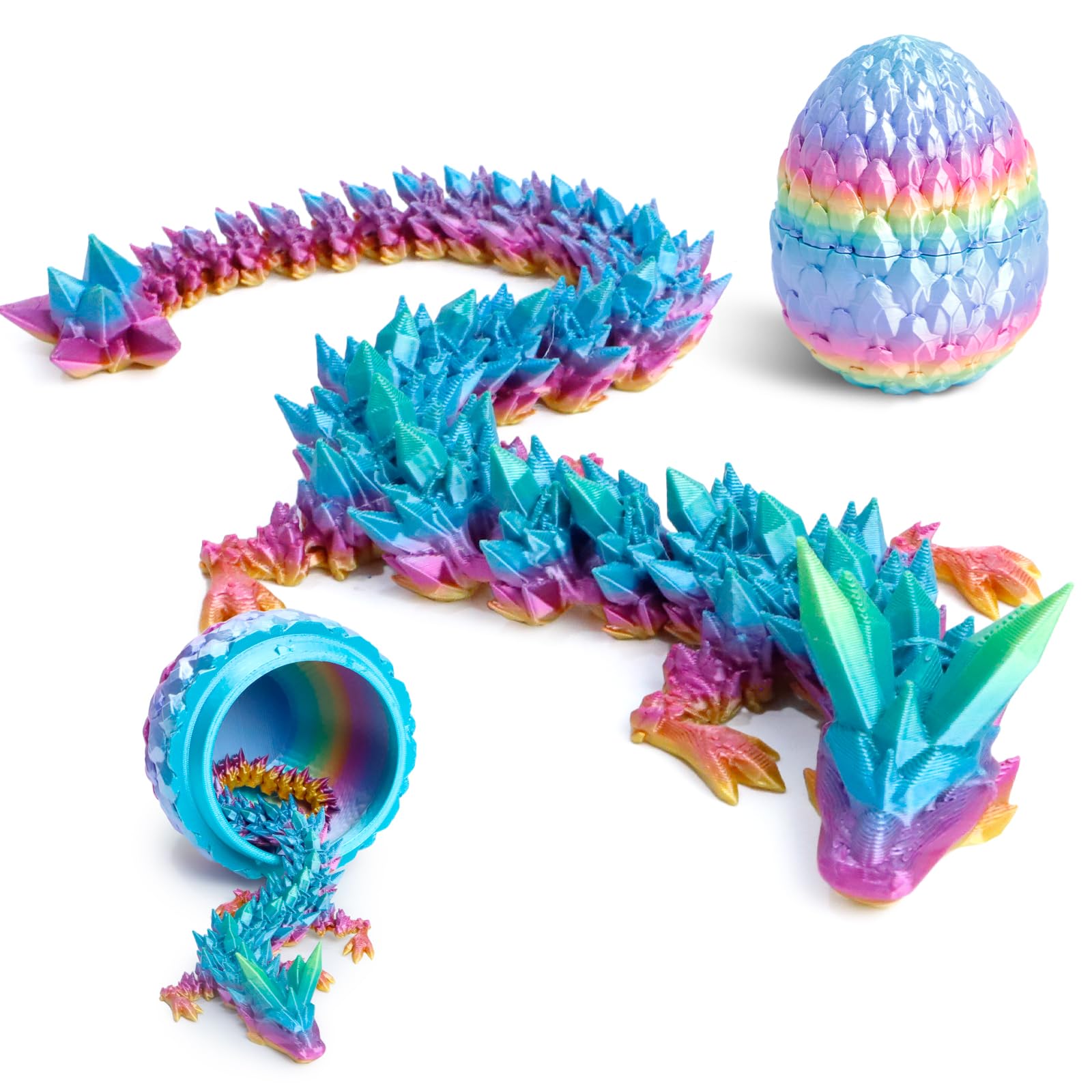 Flavery 12-Inch 3D Printed Gemstone Dragon Egg with Flexible Crystal Dragon Inside – Multicolored Rainbow