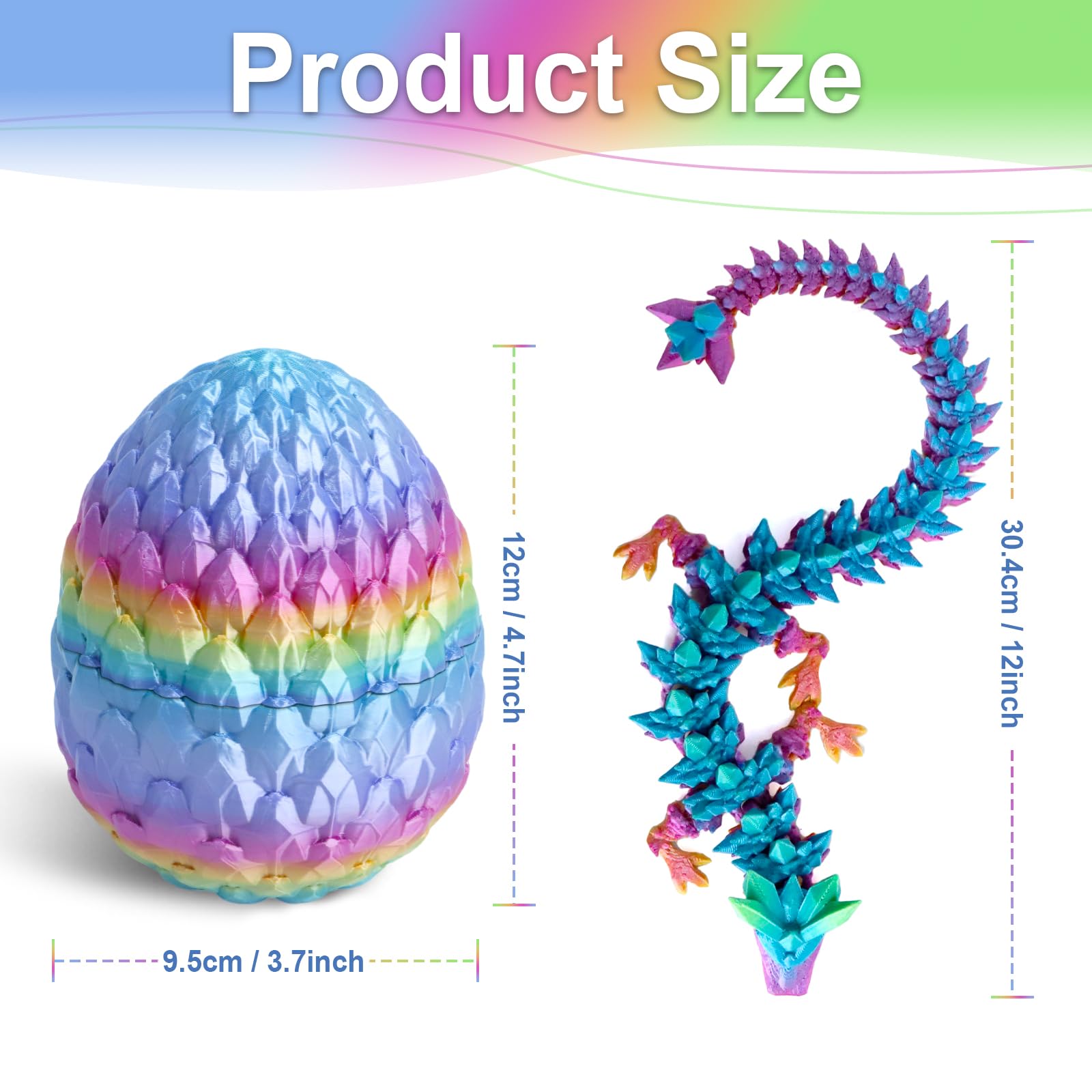 Flavery 12-Inch 3D Printed Gemstone Dragon Egg with Flexible Crystal Dragon Inside – Multicolored Rainbow