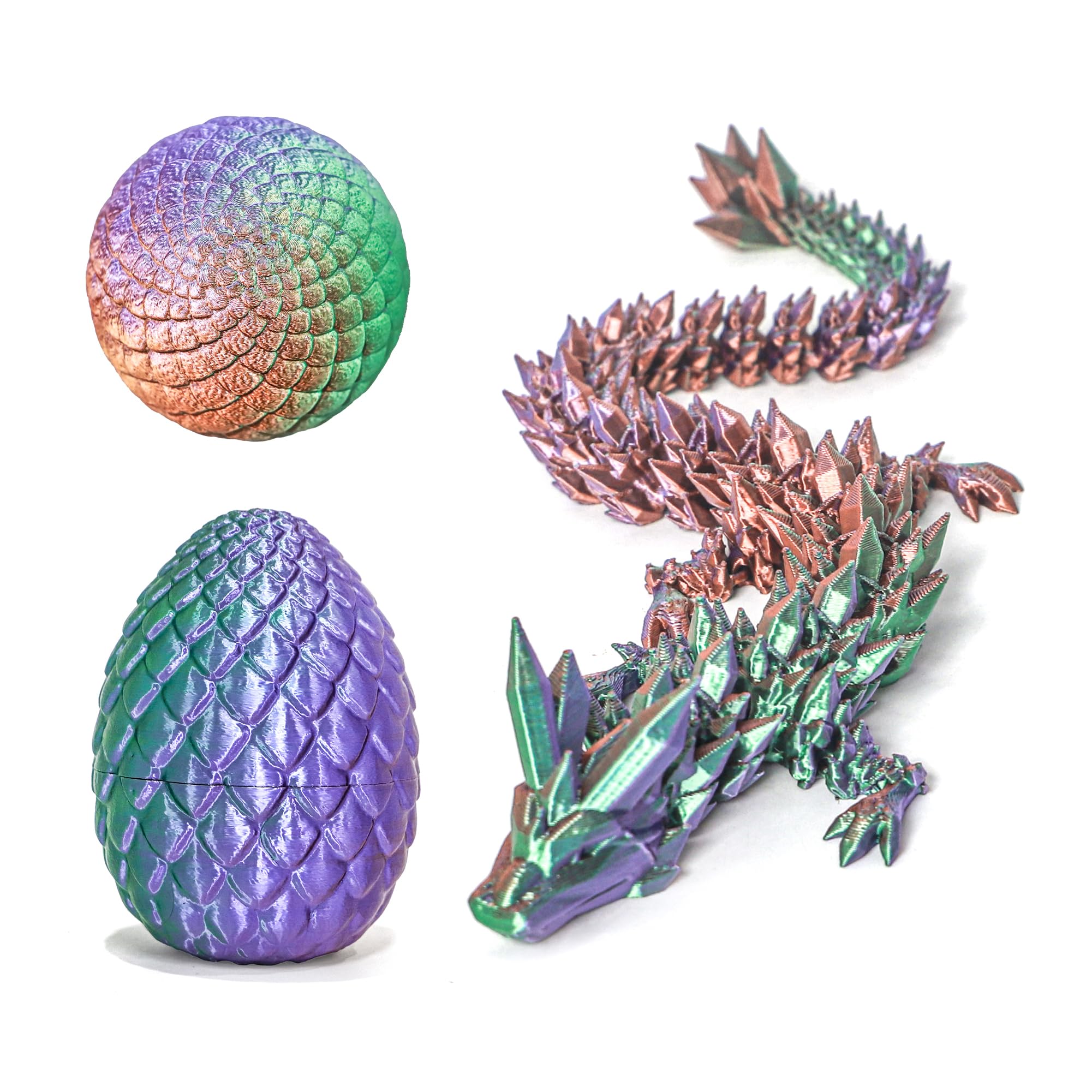 Flavery 3D Printed Dragon in Egg - Green Purple Copper 5.1 Inch Tricolor Egg with Flexible Crystal Dragon, Fidget Toy Desk Pet