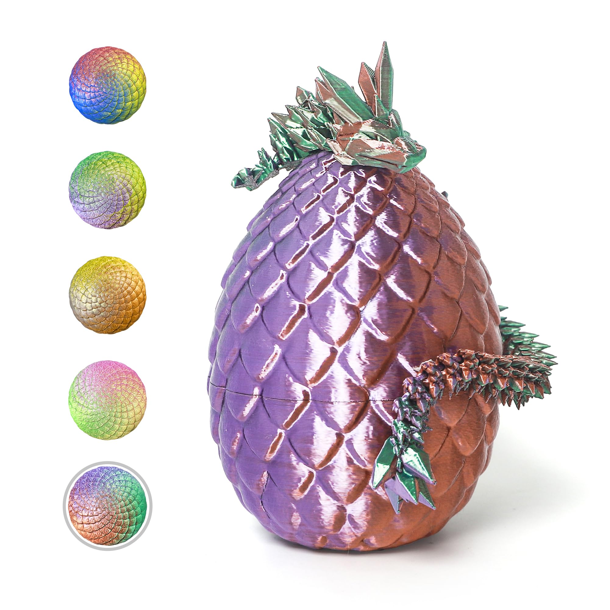 Flavery 3D Printed Dragon in Egg - Green Purple Copper 5.1 Inch Tricolor Egg with Flexible Crystal Dragon, Fidget Toy Desk Pet