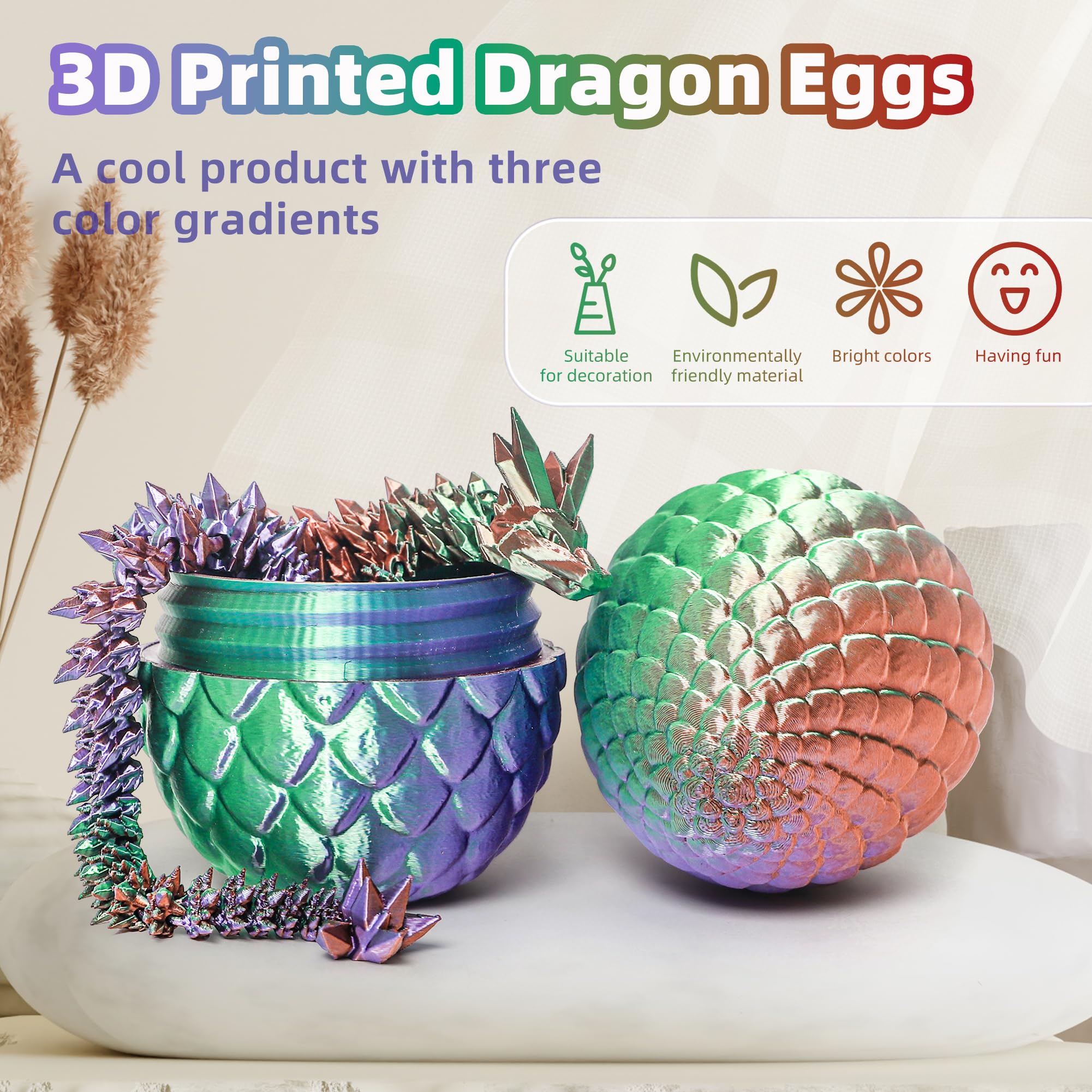 Flavery 3D Printed Dragon in Egg - Green Purple Copper 5.1 Inch Tricolor Egg with Flexible Crystal Dragon, Fidget Toy Desk Pet