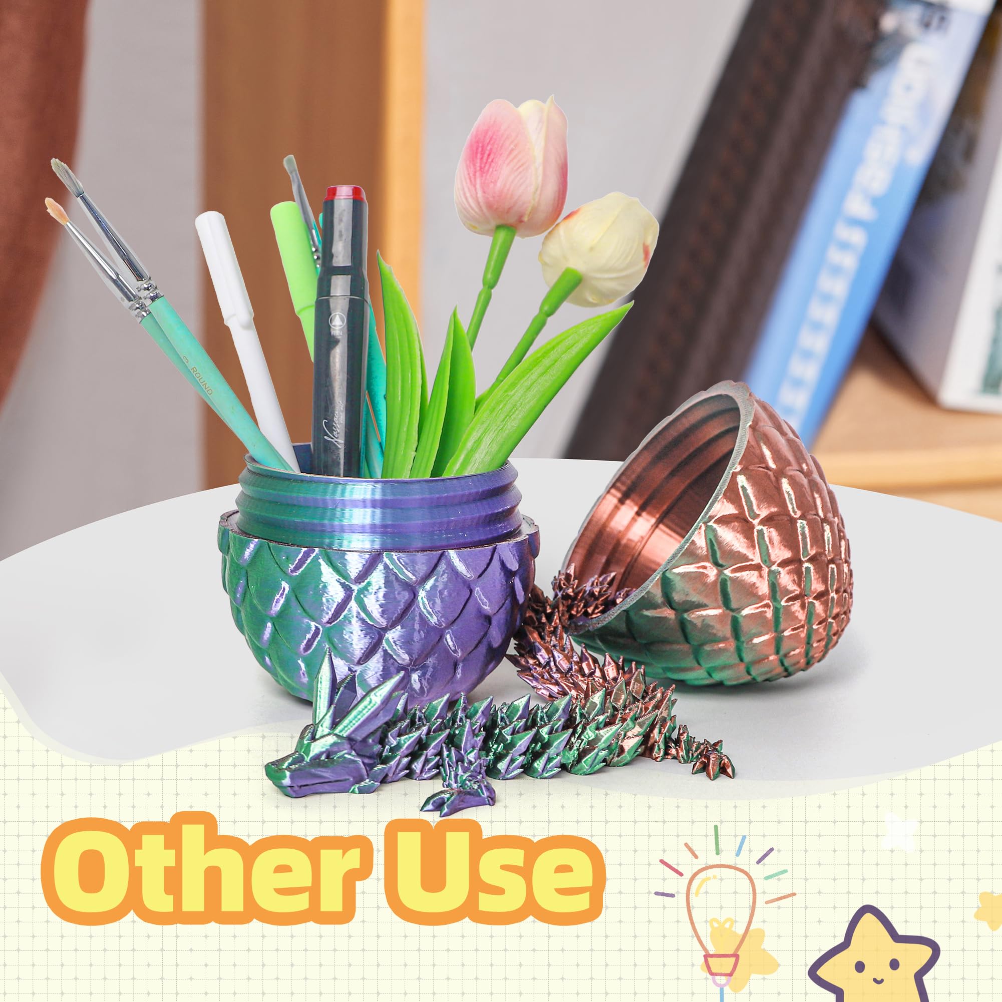 Flavery 3D Printed Dragon in Egg - Green Purple Copper 5.1 Inch Tricolor Egg with Flexible Crystal Dragon, Fidget Toy Desk Pet