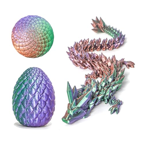 Flavery 3D Printed Dragon in Egg - Green Purple Copper 5.1 Inch Tricolor Egg with Flexible Crystal Dragon, Fidget Toy Desk Pet