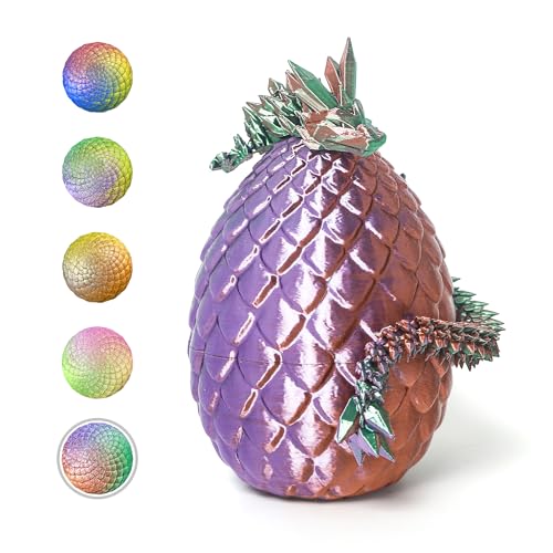 Flavery 3D Printed Dragon in Egg - Green Purple Copper 5.1 Inch Tricolor Egg with Flexible Crystal Dragon, Fidget Toy Desk Pet