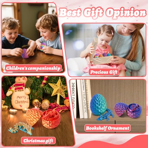 Flavery 4-Pack 3D Printed Dragon in Egg – Mini Gemstone Eggs with Flexible Crystal Dragons, Desk Pet Fidget Toy