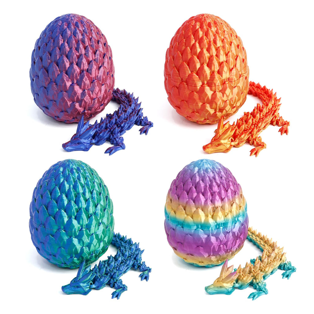 Flavery 4-Pack 3D Printed Dragon in Egg – Mini Gemstone Eggs with Flexible Crystal Dragons, Desk Pet Fidget Toy