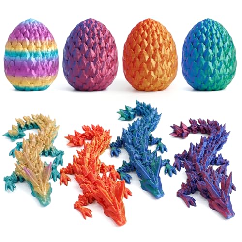 Flavery 4-Pack 3D Printed Dragon in Egg – Mini Gemstone Eggs with Flexible Crystal Dragons, Desk Pet Fidget Toy