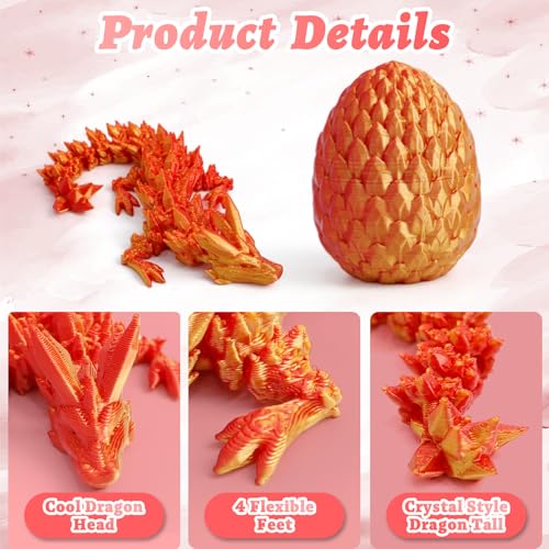 Flavery 4-Pack 3D Printed Dragon in Egg – Mini Gemstone Eggs with Flexible Crystal Dragons, Desk Pet Fidget Toy