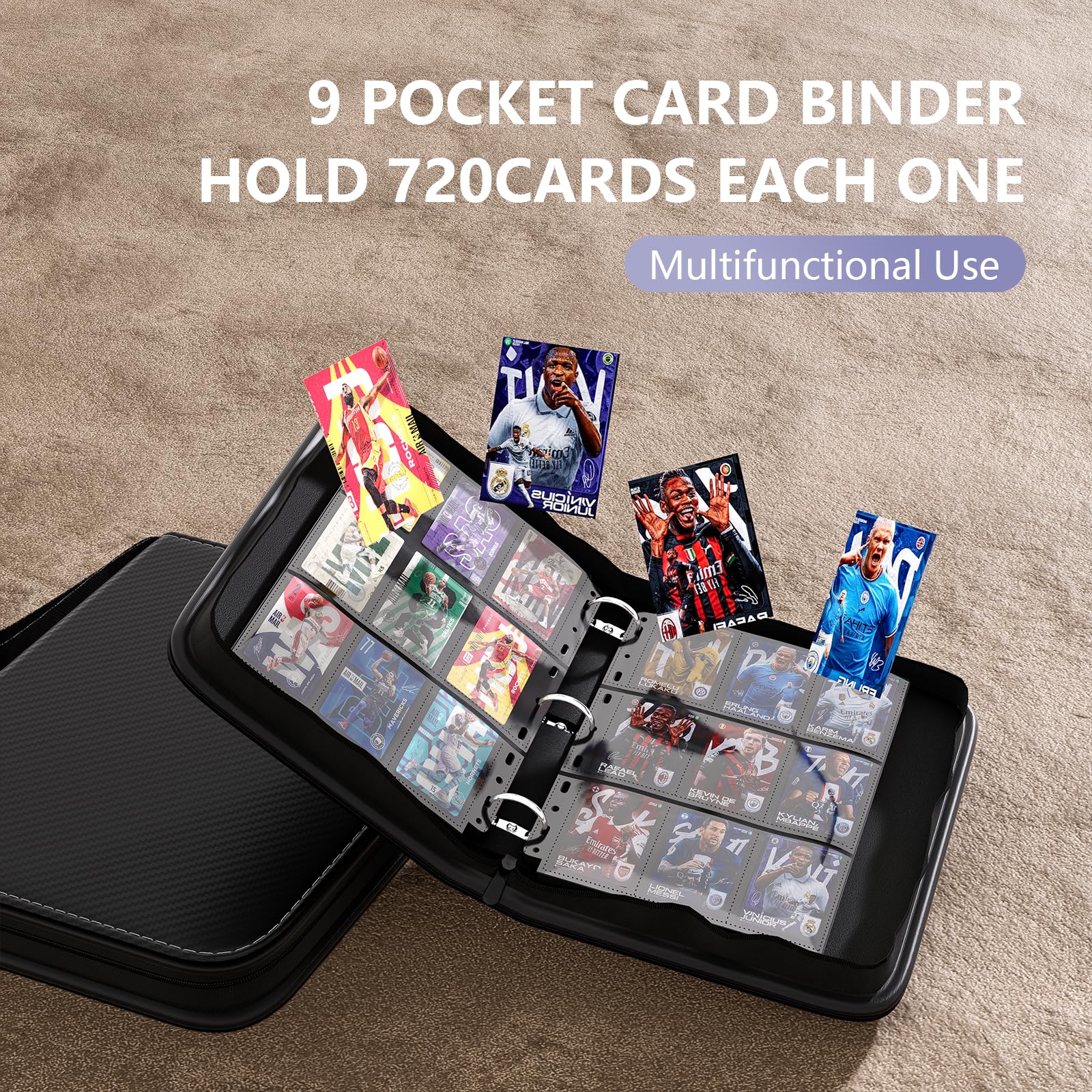 FLEKKO 720-Card PU Leather Binder - 9 Pocket 40 Pages, Water-Resistant Black Trading Card Album for MTG, Sports Cards