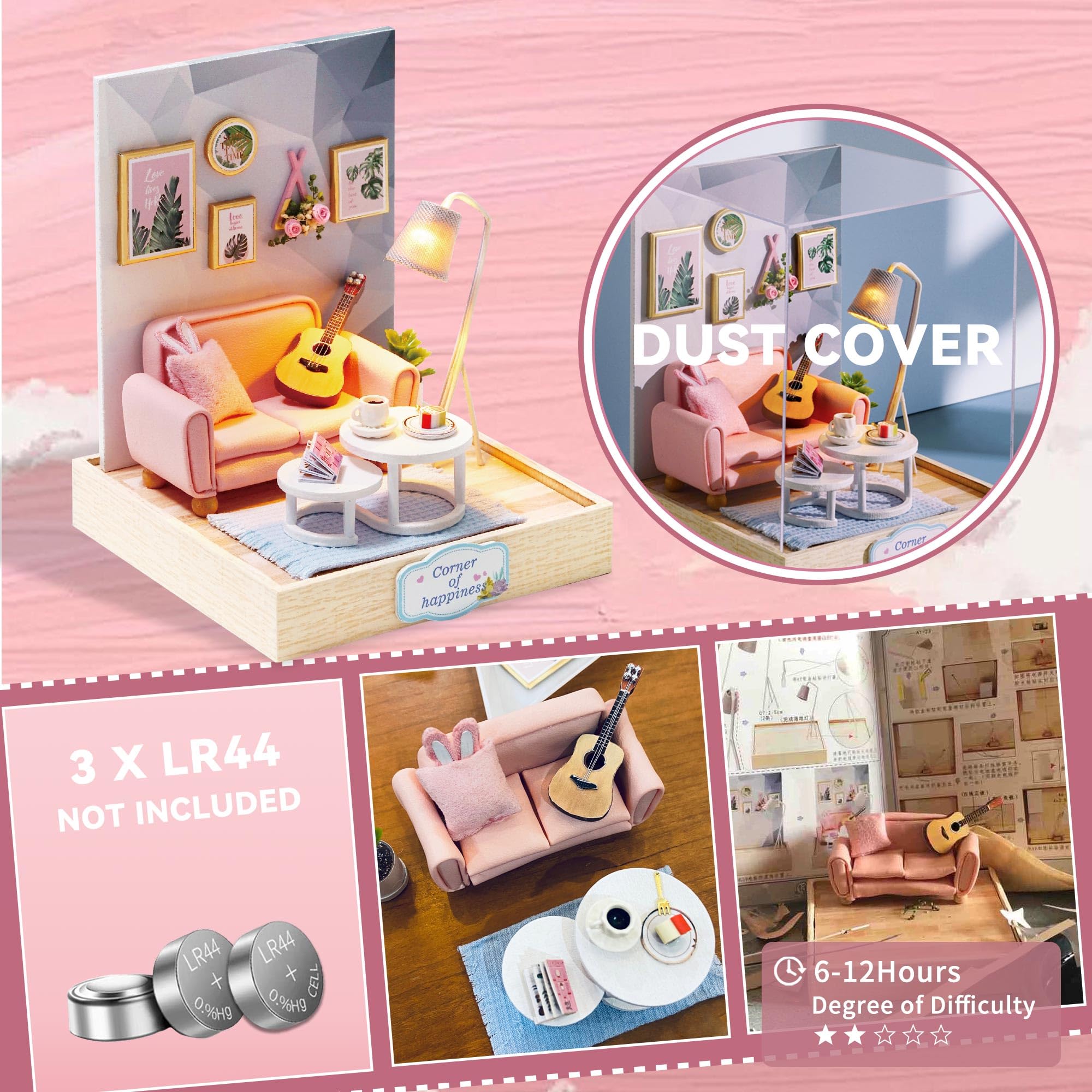 Flever Dollhouse Miniature DIY House Kit - Afternoon Tea Time Room Model with Furniture, Self-Assembly Craft Set