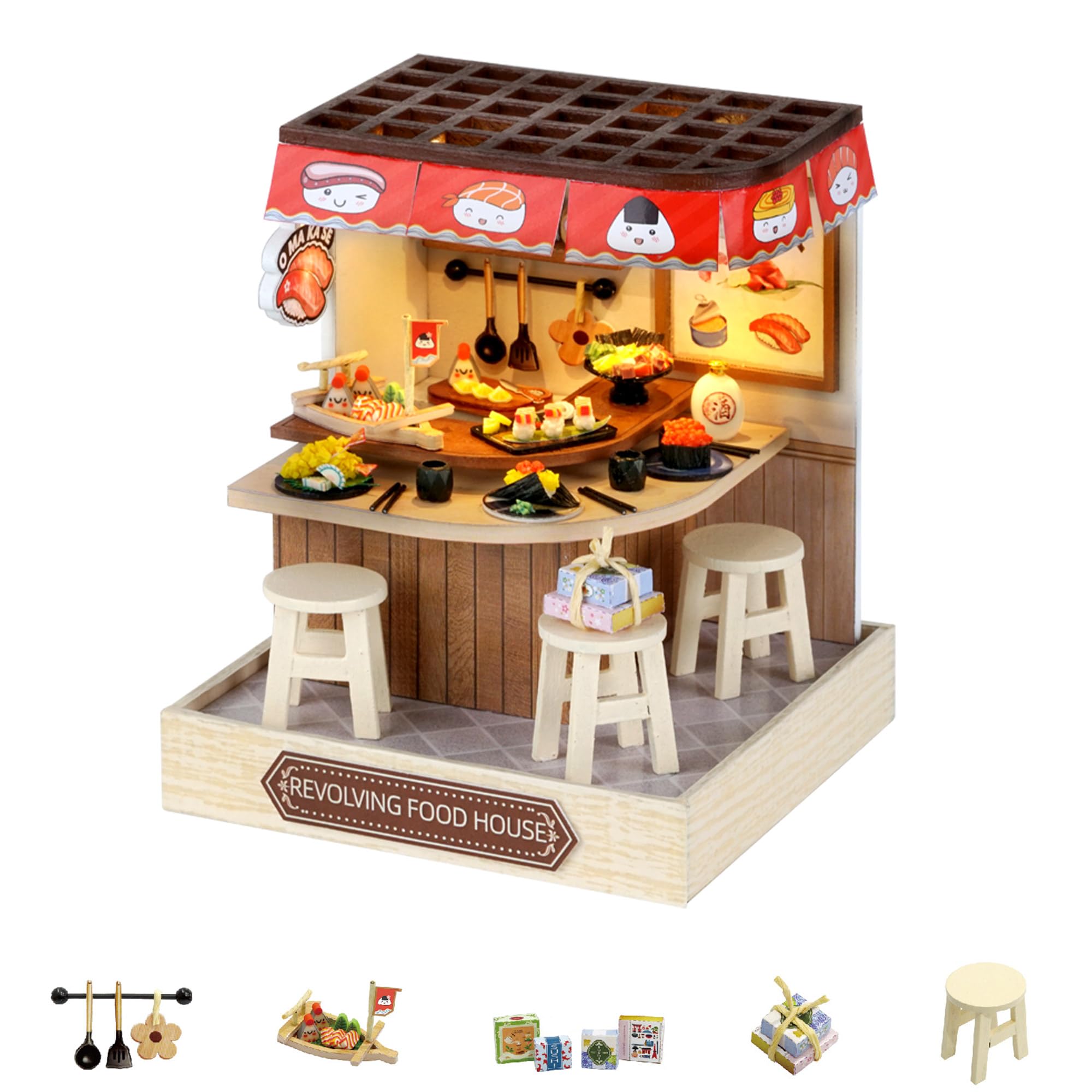 Flever Miniature DIY Dollhouse Kit - Revolving Food House, 1:32 Scale with LED Lighting, 3.5x3.5x4.5 Inch Finished Size