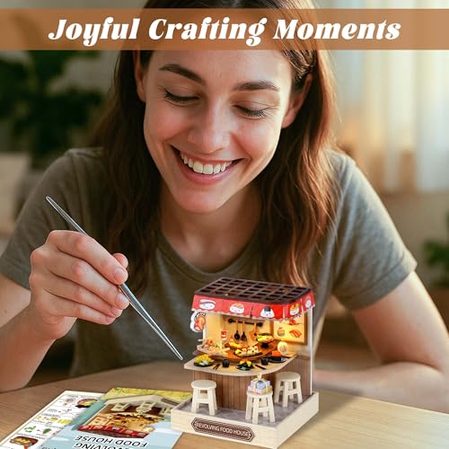 Flever Miniature DIY Dollhouse Kit - Revolving Food House, 1:32 Scale with LED Lighting, 3.5x3.5x4.5 Inch Finished Size