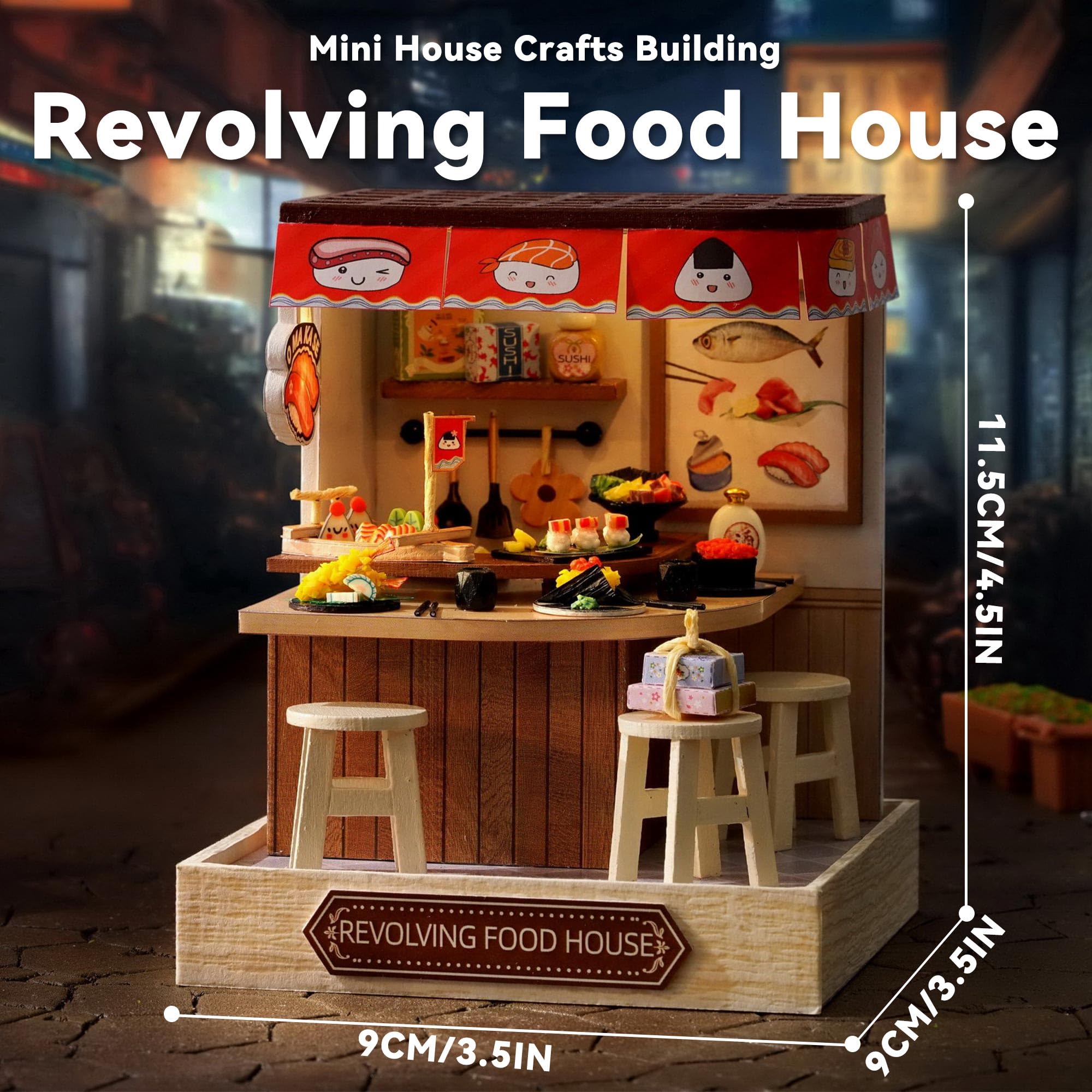 Flever Miniature DIY Dollhouse Kit - Revolving Food House, 1:32 Scale with LED Lighting, 3.5x3.5x4.5 Inch Finished Size