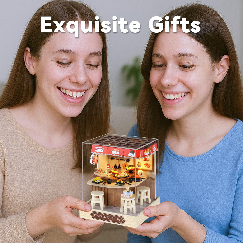 Flever Miniature DIY Dollhouse Kit - Revolving Food House, 1:32 Scale with LED Lighting, 3.5x3.5x4.5 Inch Finished Size
