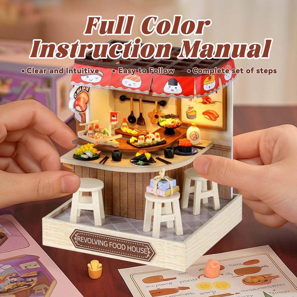 Flever Miniature DIY Dollhouse Kit - Revolving Food House, 1:32 Scale with LED Lighting, 3.5x3.5x4.5 Inch Finished Size