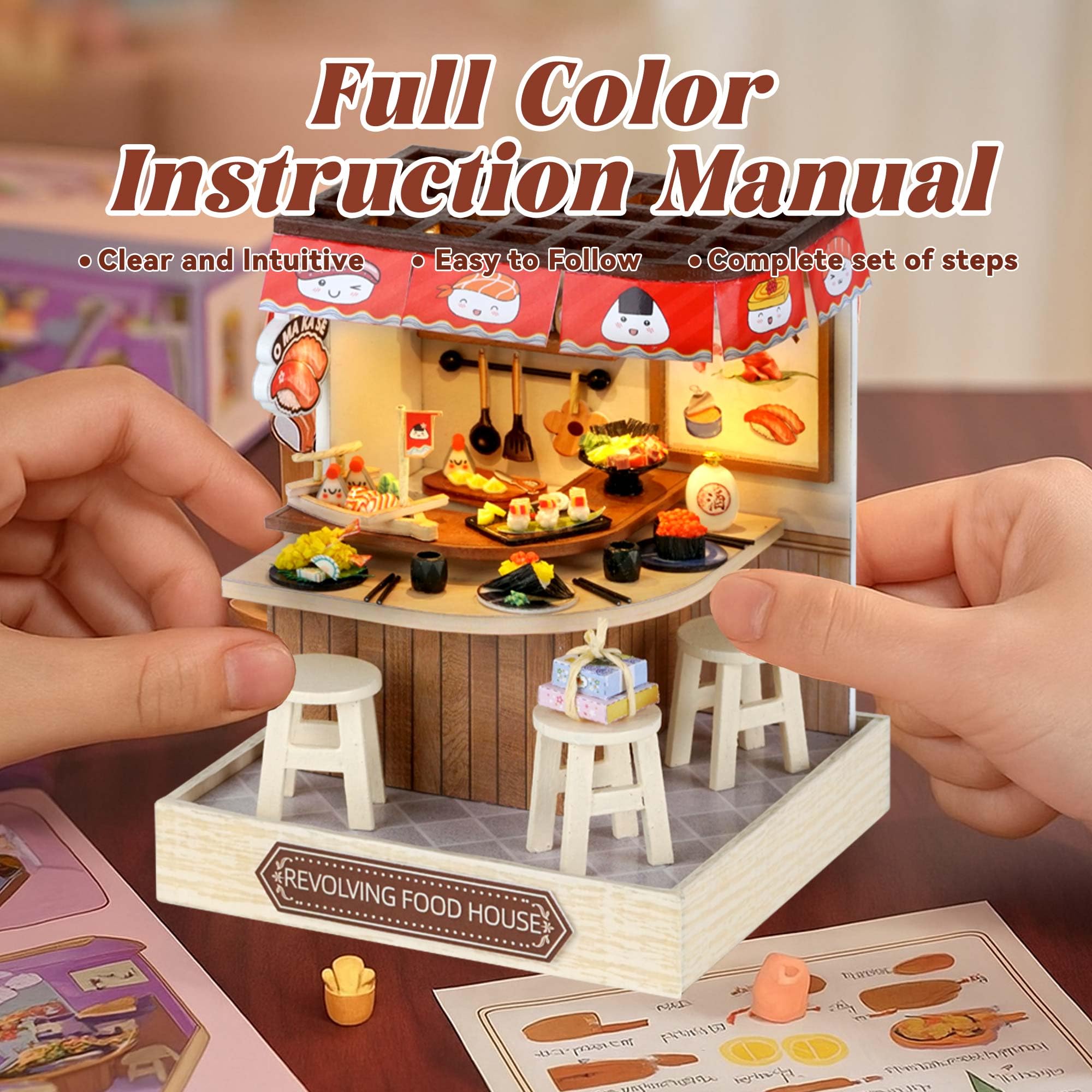Flever Miniature DIY Dollhouse Kit - Revolving Food House, 1:32 Scale with LED Lighting, 3.5x3.5x4.5 Inch Finished Size