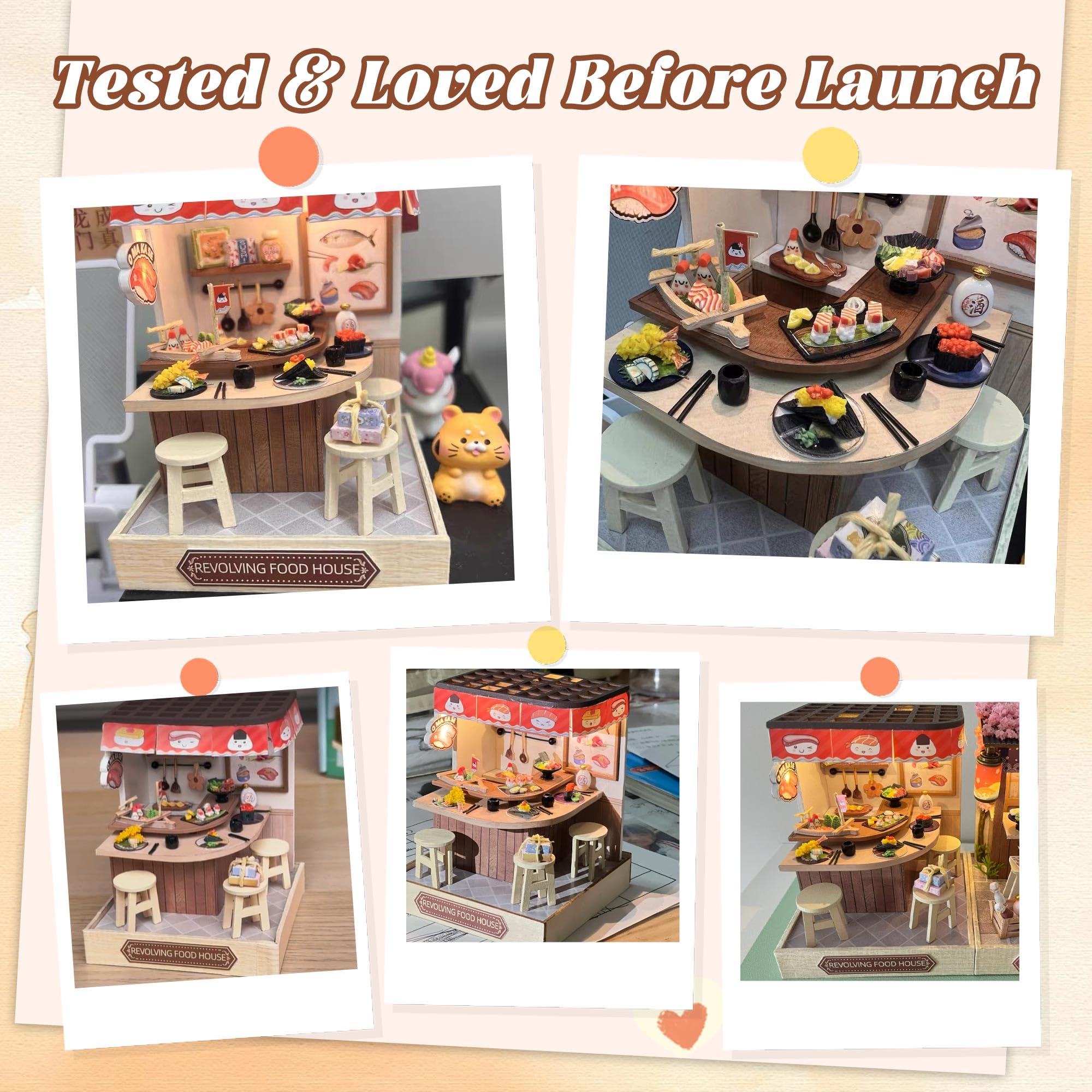 Flever Miniature DIY Dollhouse Kit - Revolving Food House, 1:32 Scale with LED Lighting, 3.5x3.5x4.5 Inch Finished Size