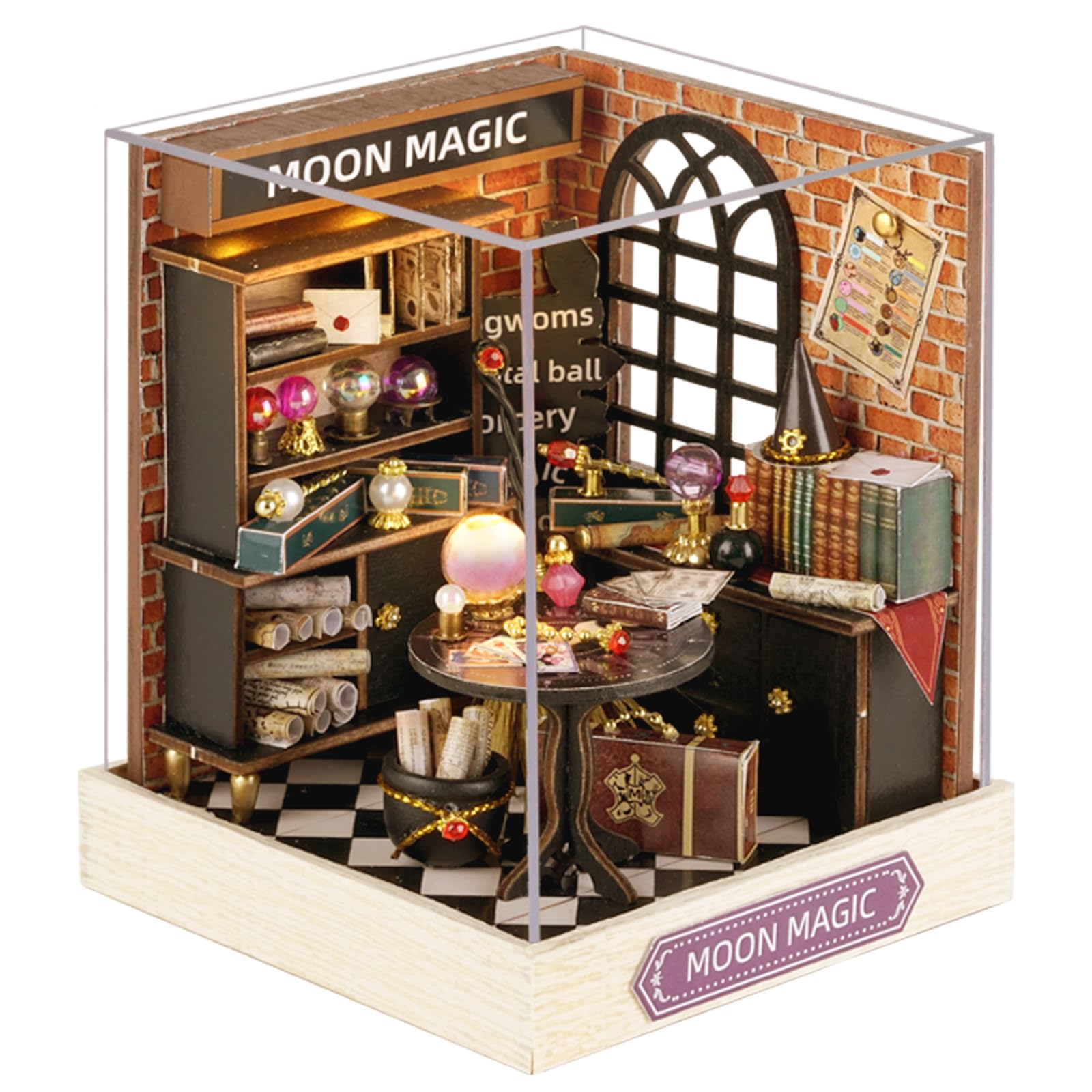 Flever Moon Magic Dollhouse Miniature DIY Kit – 1:32 Scale Creative Room with Furniture, LED Lights, and Plexiglass Cover