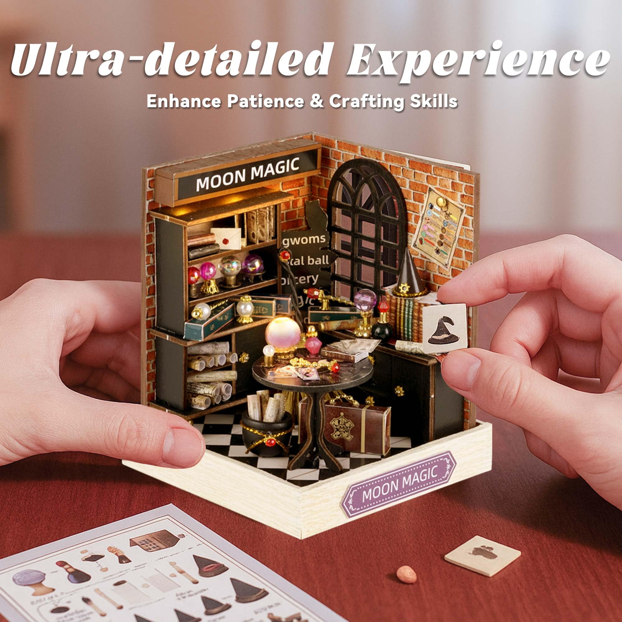 Flever Moon Magic Dollhouse Miniature DIY Kit – 1:32 Scale Creative Room with Furniture, LED Lights, and Plexiglass Cover