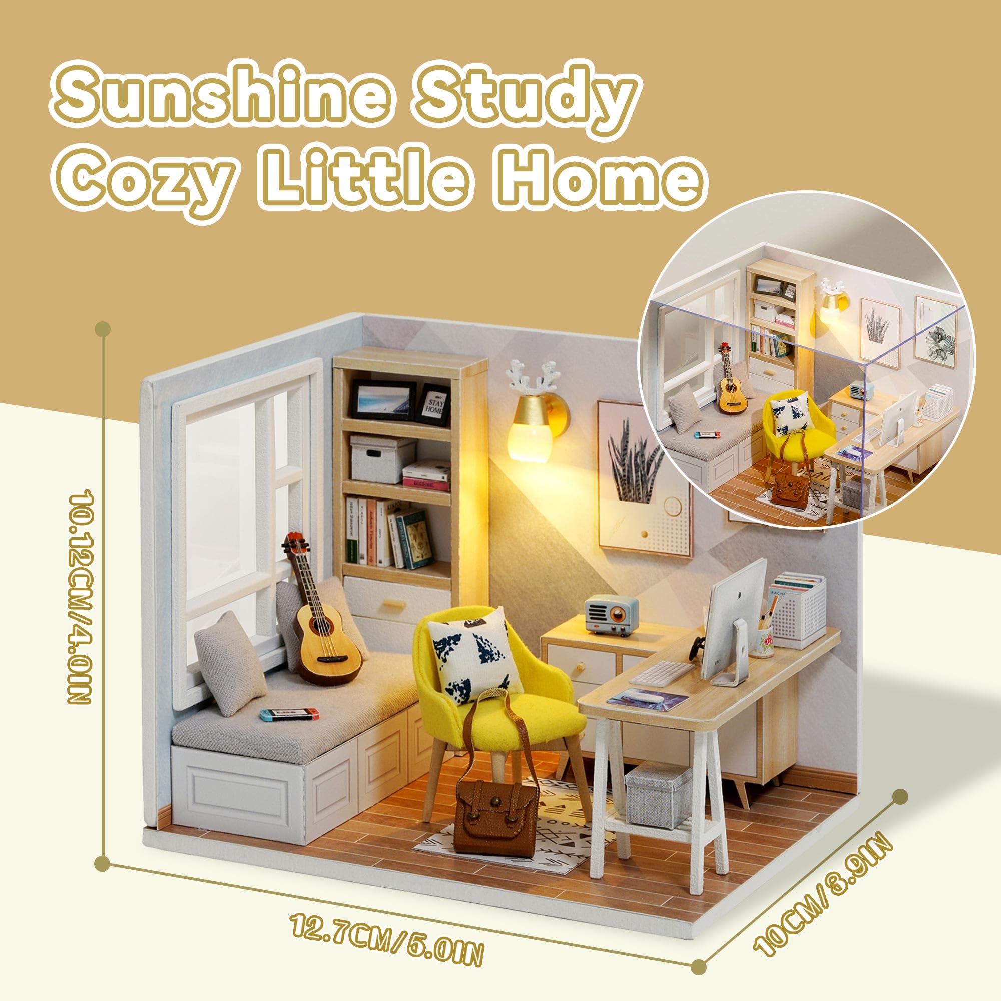 Flever Sunny Study Dollhouse Miniature DIY Kit - 1:32 Scale Creative Room with Furniture