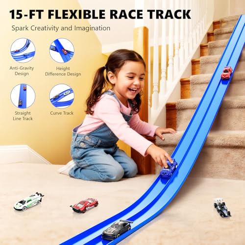 Flexible 15-Foot Race Track with Suction Cups – Compatible with Hot Wheels & 1/64 Cars, Includes 8 Toy Cars for Kids Ages 3+