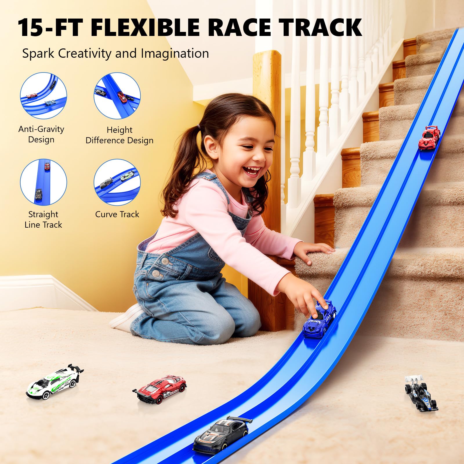 Flexible 15-Foot Race Track with Suction Cups – Compatible with Hot Wheels & 1/64 Cars, Includes 8 Toy Cars for Kids Ages 3+