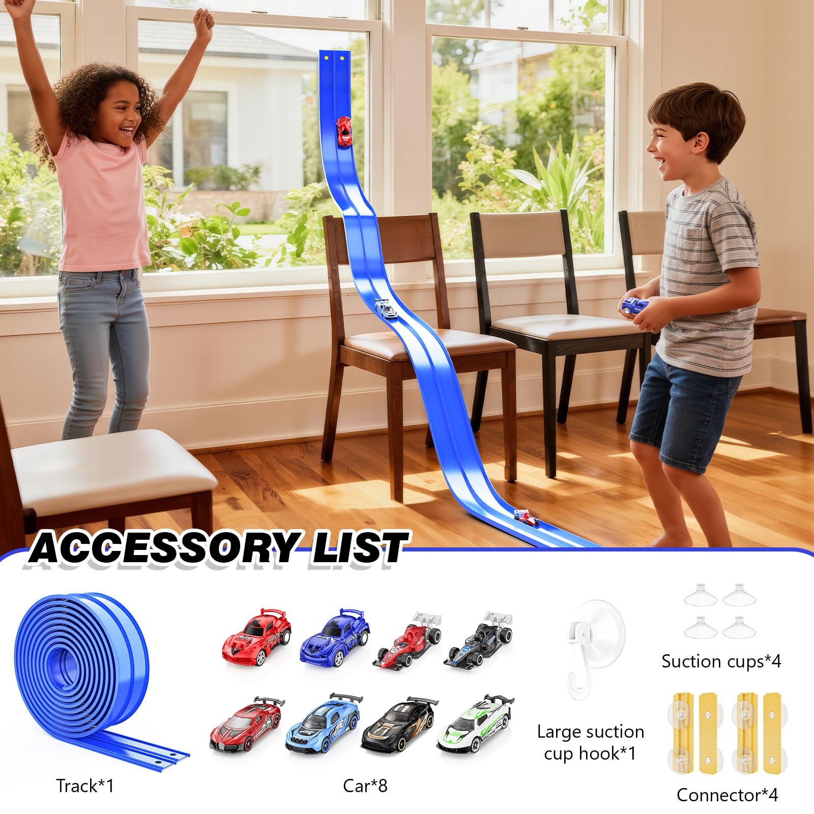 Flexible 15-Foot Race Track with Suction Cups – Compatible with Hot Wheels & 1/64 Cars, Includes 8 Toy Cars for Kids Ages 3+