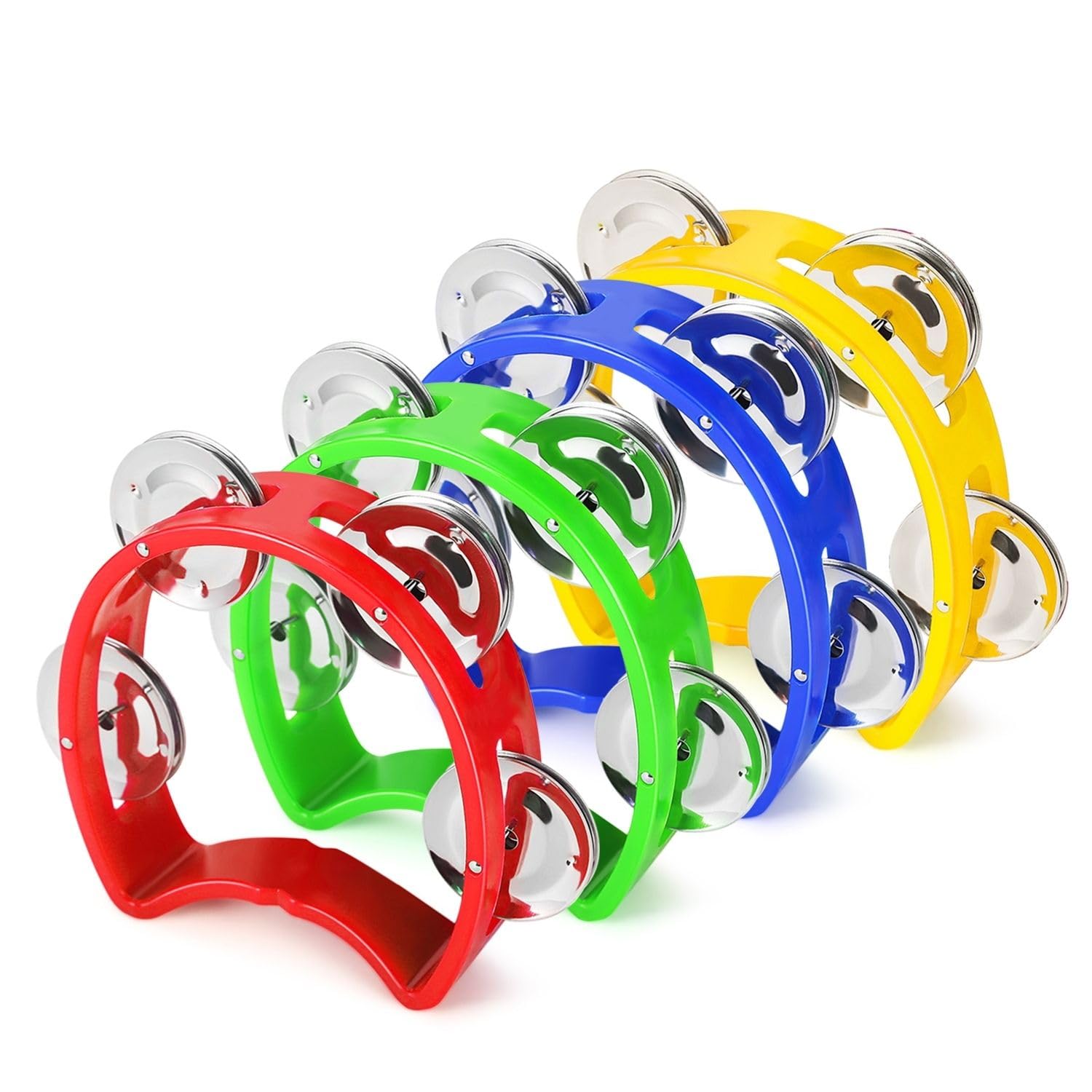 Flexzion Half Moon Tambourine Set – 4 Colors (Red, Yellow, Blue, Green) with Ergonomic Handle and Double Row Jingles