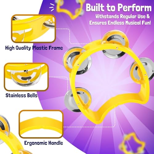 Flexzion Half Moon Tambourine Set – 4 Colors (Red, Yellow, Blue, Green) with Ergonomic Handle and Double Row Jingles