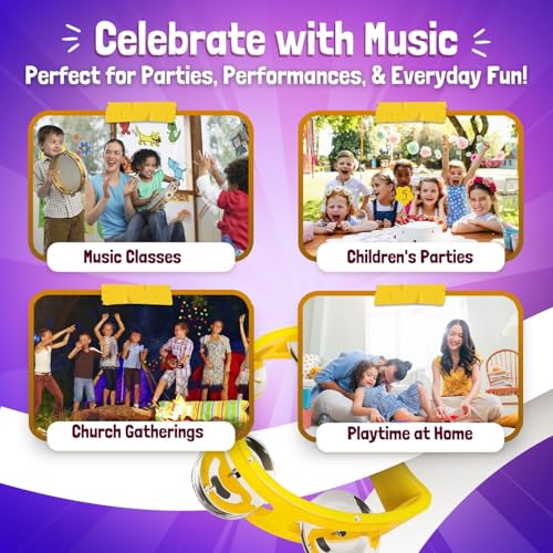 Flexzion Half Moon Tambourine Set – 4 Colors (Red, Yellow, Blue, Green) with Ergonomic Handle and Double Row Jingles